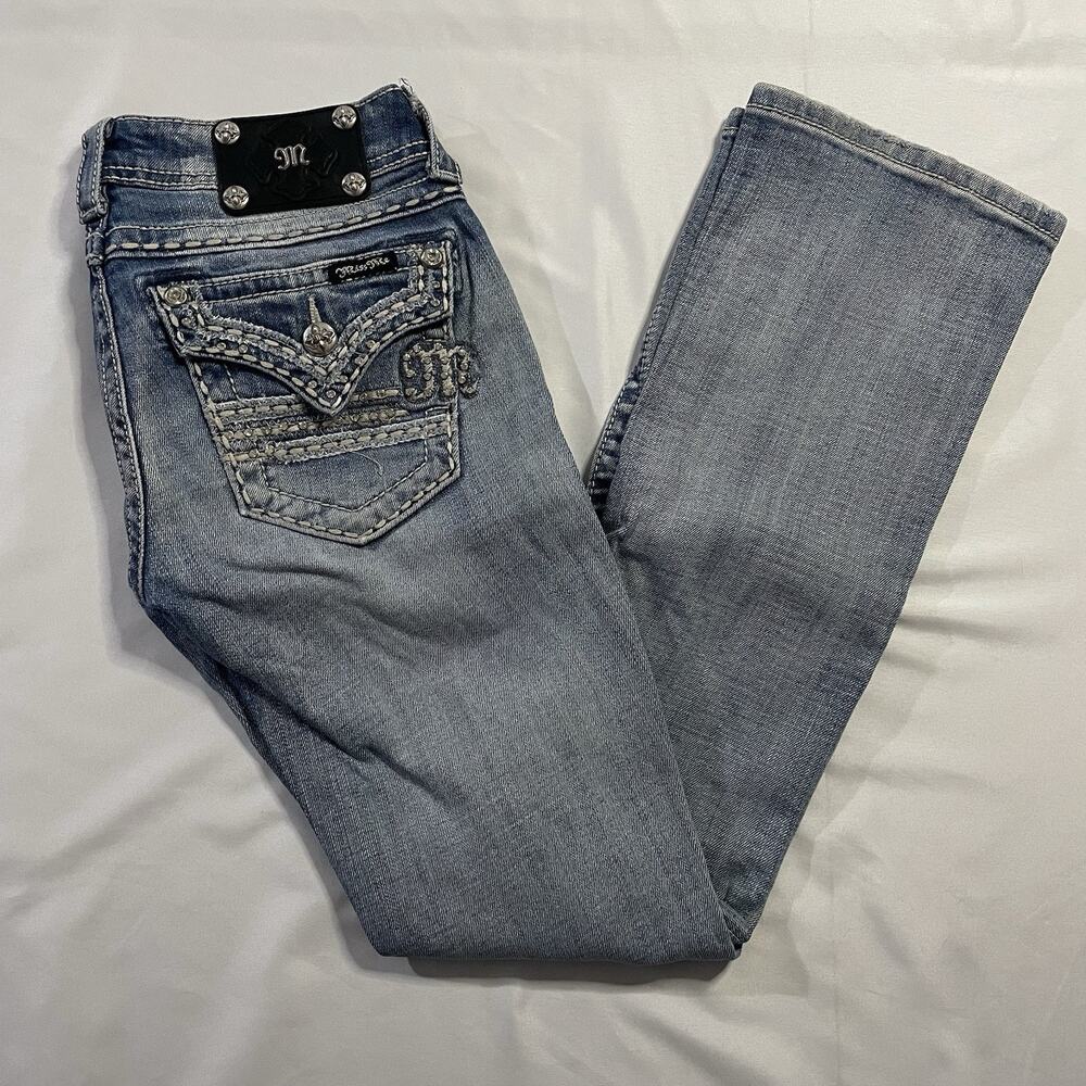 Miss‎ Me Slim Bootcut JE8020SBR Jeans Sz 26 28w 30.5L Low Rise Bling Flap Pocket